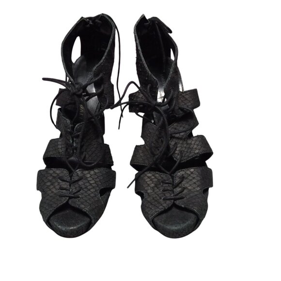 Loeffler Randall Women's 8 B Black Peep Toe Lace Up Snake Print Print Heels - Picture 2 of 8